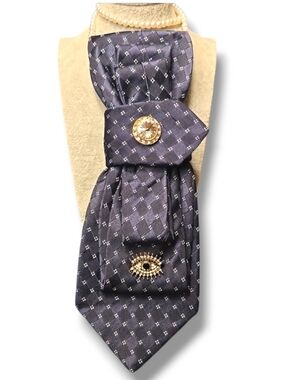 Giorgio Armani Navy Blue Silk Folded Cravat with White Dot Squares Eye Brooch